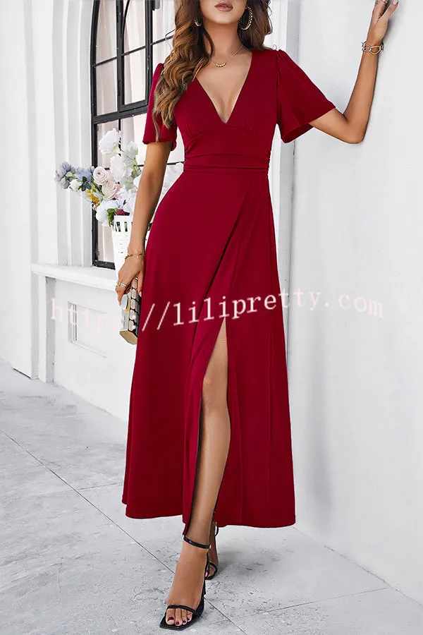 Rustic Slit V Neck Patchwork Pleated Maxi Dress
