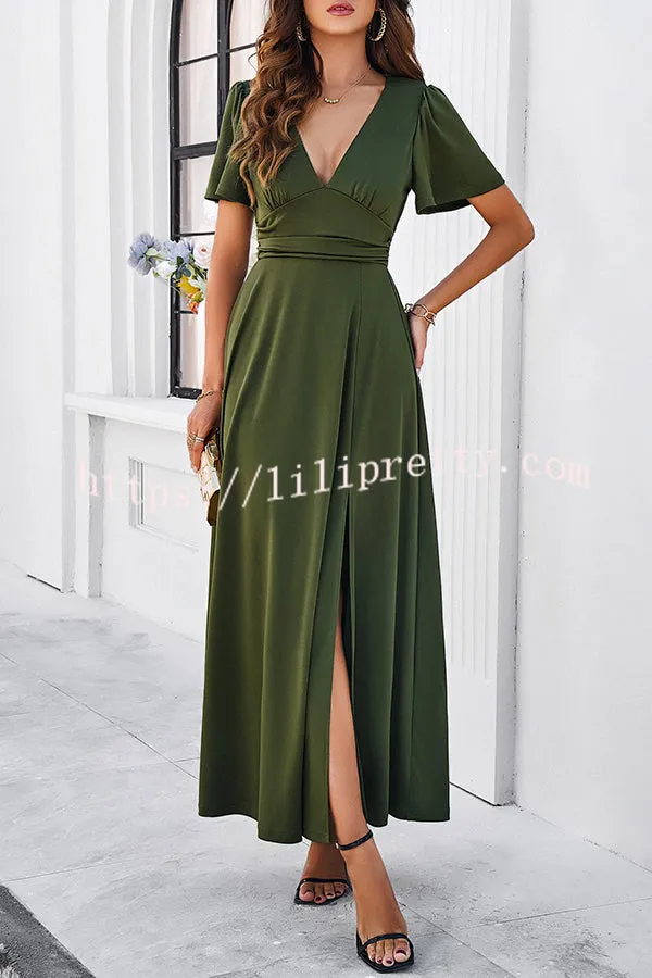 Rustic Slit V Neck Patchwork Pleated Maxi Dress