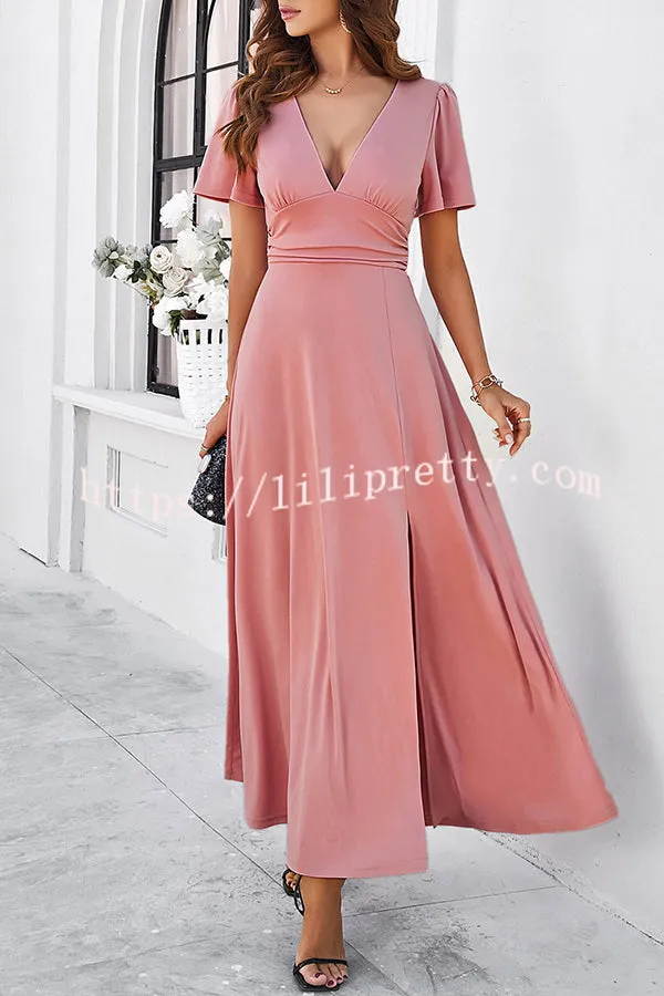 Rustic Slit V Neck Patchwork Pleated Maxi Dress