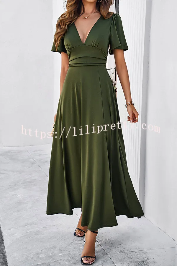 Rustic Slit V Neck Patchwork Pleated Maxi Dress