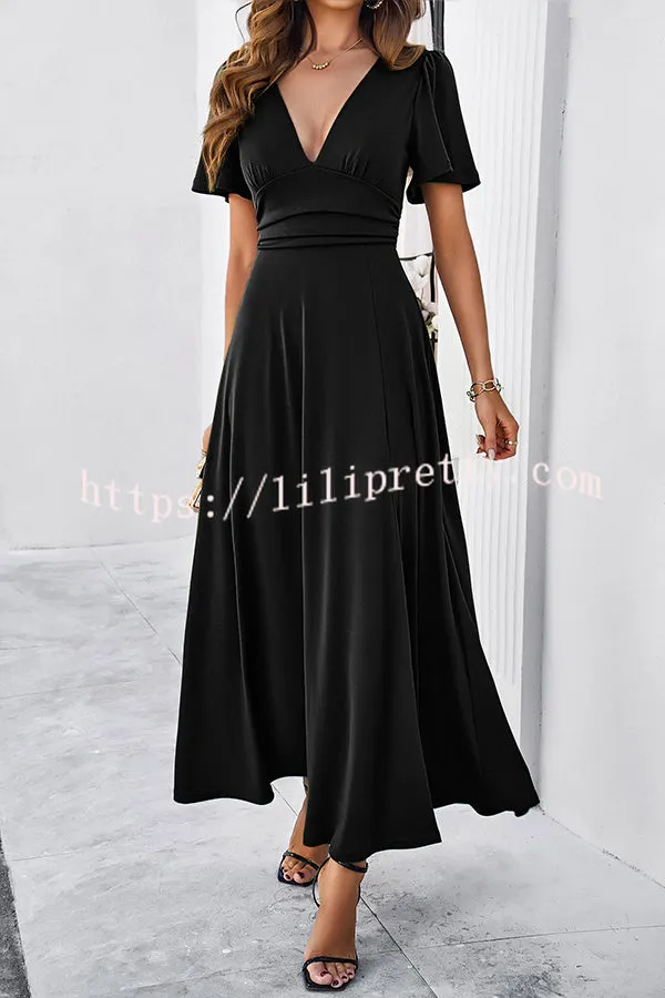 Rustic Slit V Neck Patchwork Pleated Maxi Dress
