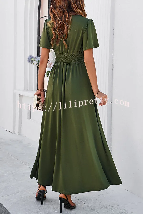 Rustic Slit V Neck Patchwork Pleated Maxi Dress