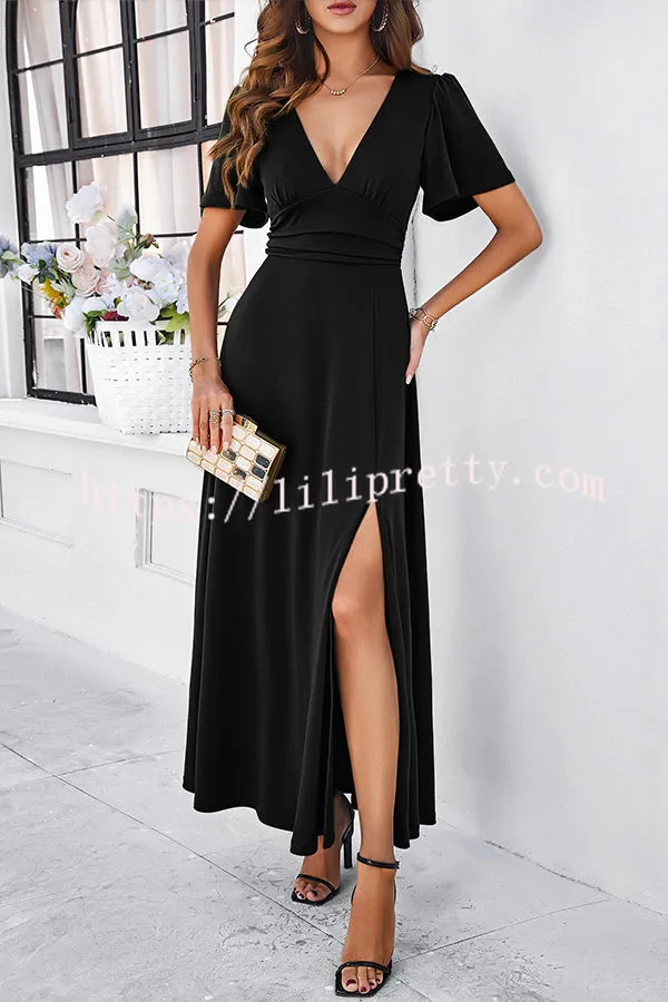 Rustic Slit V Neck Patchwork Pleated Maxi Dress