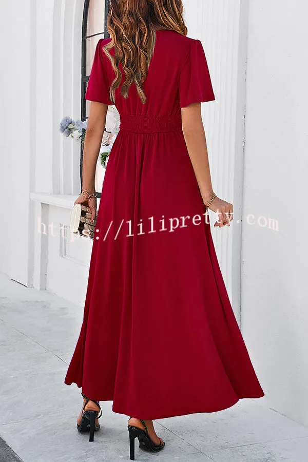Rustic Slit V Neck Patchwork Pleated Maxi Dress