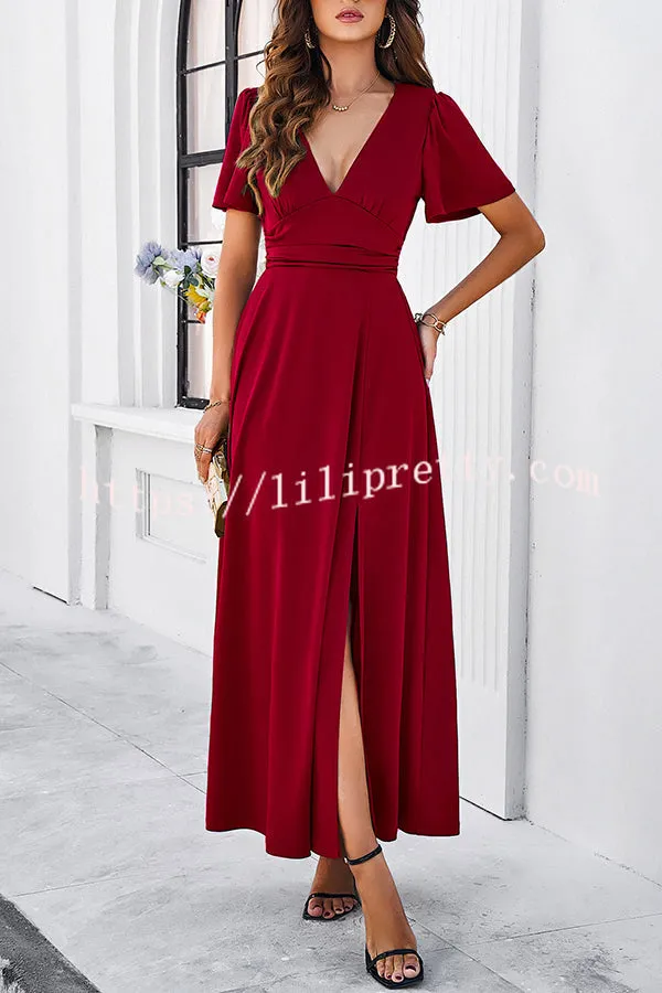 Rustic Slit V Neck Patchwork Pleated Maxi Dress