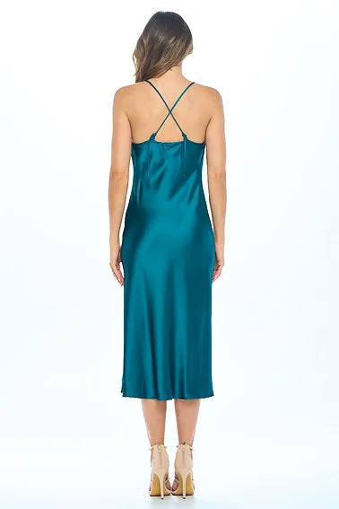 Satin Bias Slip Dress with Slit - HUNTER GREEN