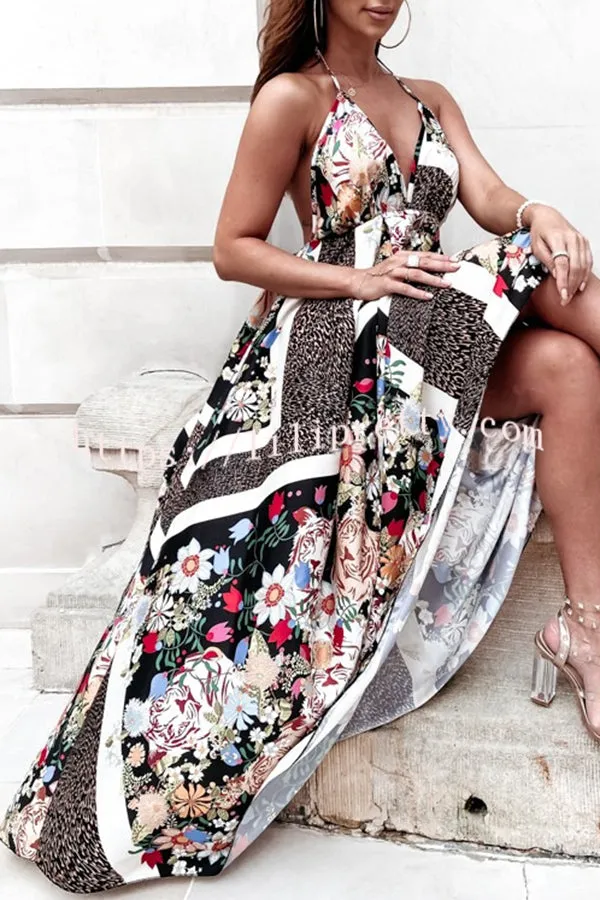 Semi Chic Printed Suspender Pleated Panel Maxi Dress
