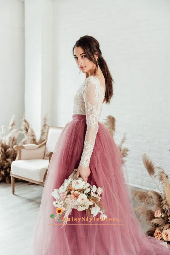Simple V-back Long Sleeve Colorful Wedding Dress