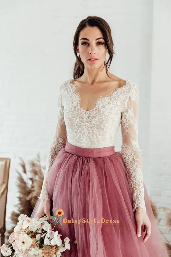 Simple V-back Long Sleeve Colorful Wedding Dress