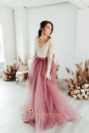 Simple V-back Long Sleeve Colorful Wedding Dress