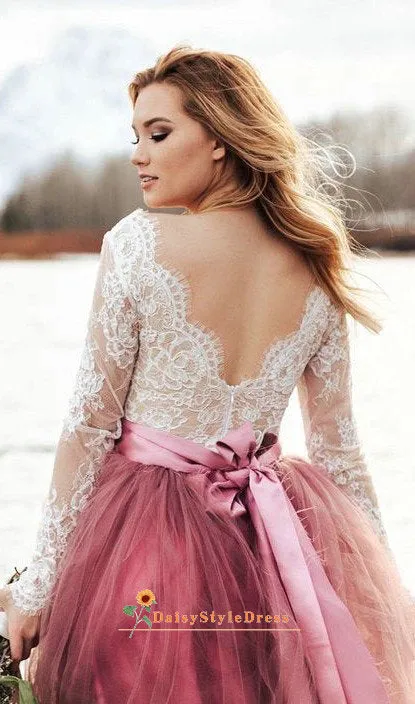 Simple V-back Long Sleeve Colorful Wedding Dress
