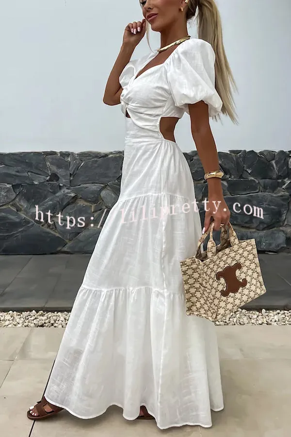 Solid Color Hollow Backless Puff Sleeve Maxi Dress