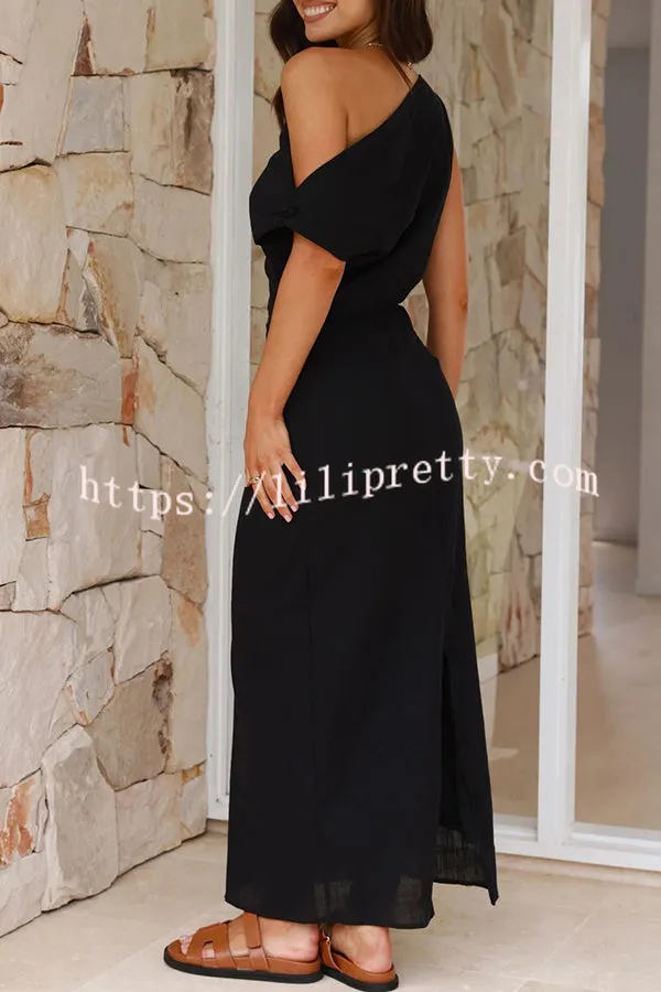 Summer Vogue Linen Blend Rouched Off The Shoulder Maxi Dress