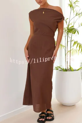 Summer Vogue Linen Blend Rouched Off The Shoulder Maxi Dress