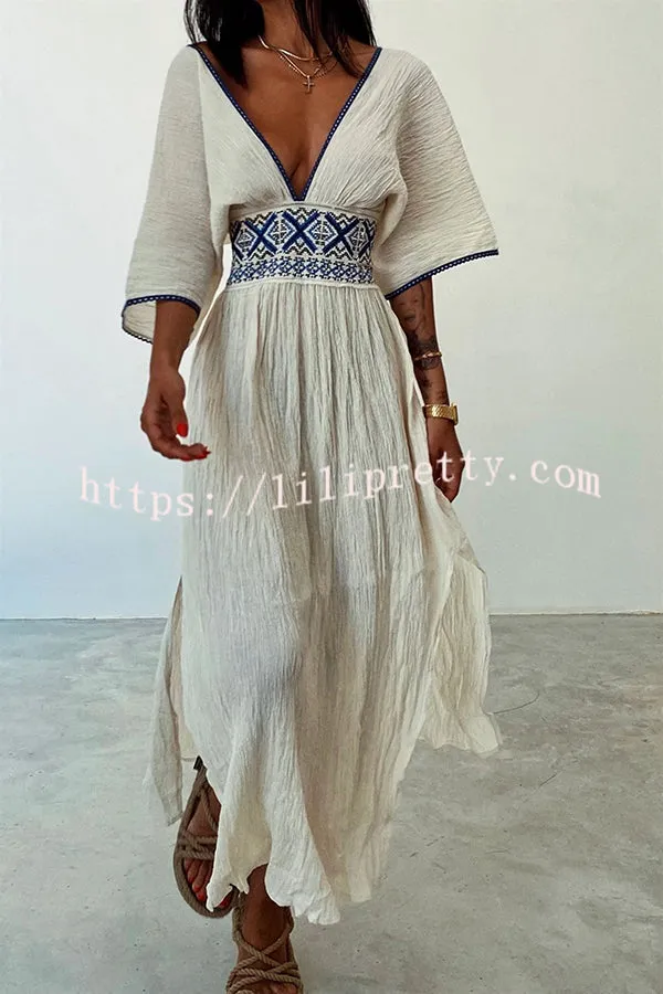 Sunlit Days Linen Blend Ethnic Printed Elastic Waist Slit Maxi Dress