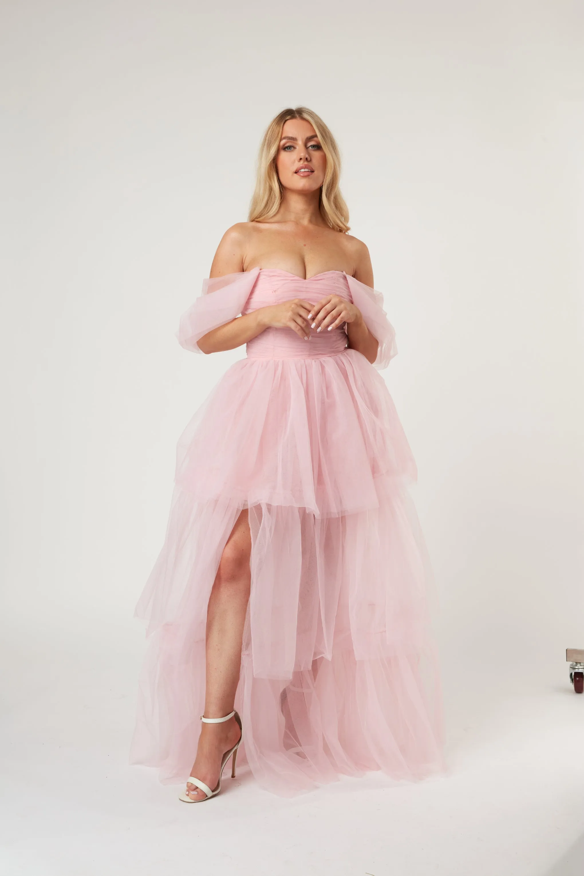 Sydney Off Shoulder Tulle Maxi Dress in Powder Pink