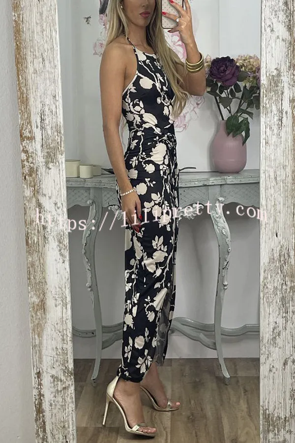 Thief of My Heart Floral Wrap Slit Halter Stretch Maxi Dress