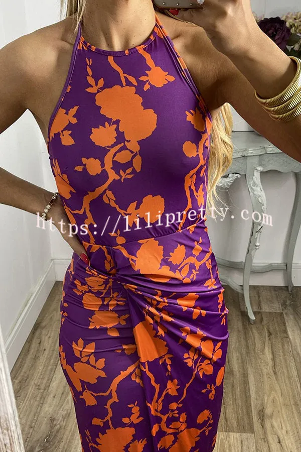 Thief of My Heart Floral Wrap Slit Halter Stretch Maxi Dress