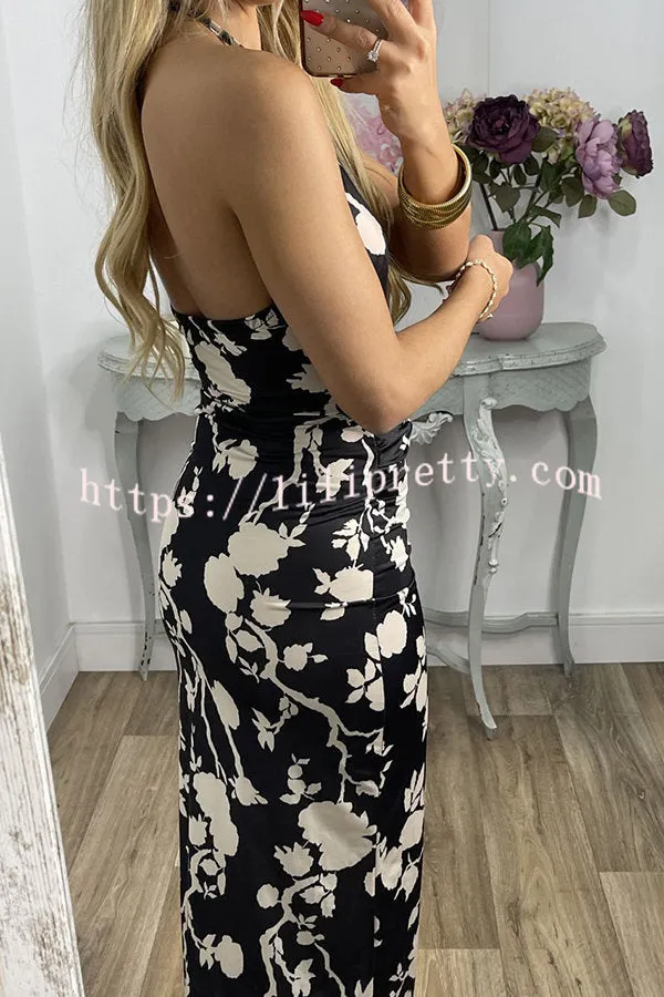 Thief of My Heart Floral Wrap Slit Halter Stretch Maxi Dress