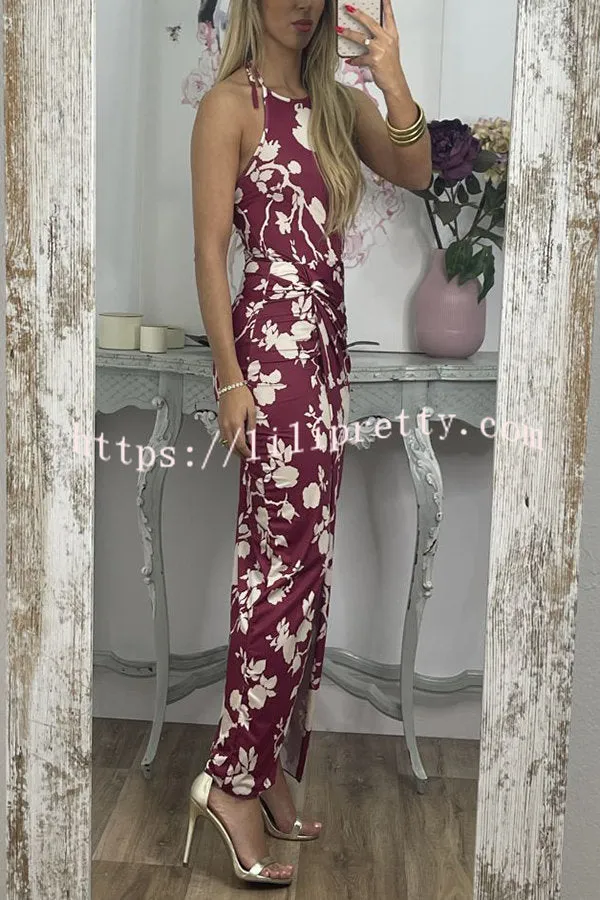 Thief of My Heart Floral Wrap Slit Halter Stretch Maxi Dress