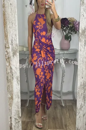 Thief of My Heart Floral Wrap Slit Halter Stretch Maxi Dress