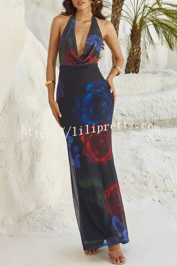 Ultimate Sultry Look Mesh Floral Print Cowl Neck Halter Maxi Dress