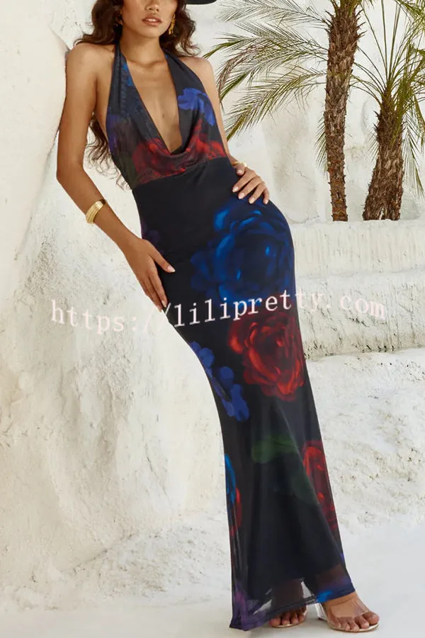 Ultimate Sultry Look Mesh Floral Print Cowl Neck Halter Maxi Dress