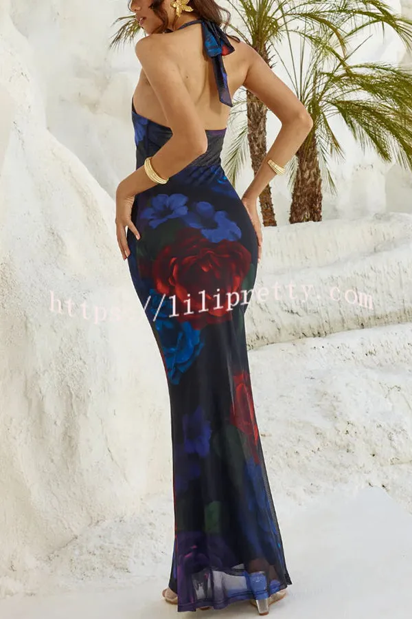 Ultimate Sultry Look Mesh Floral Print Cowl Neck Halter Maxi Dress