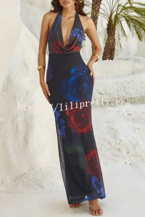 Ultimate Sultry Look Mesh Floral Print Cowl Neck Halter Maxi Dress
