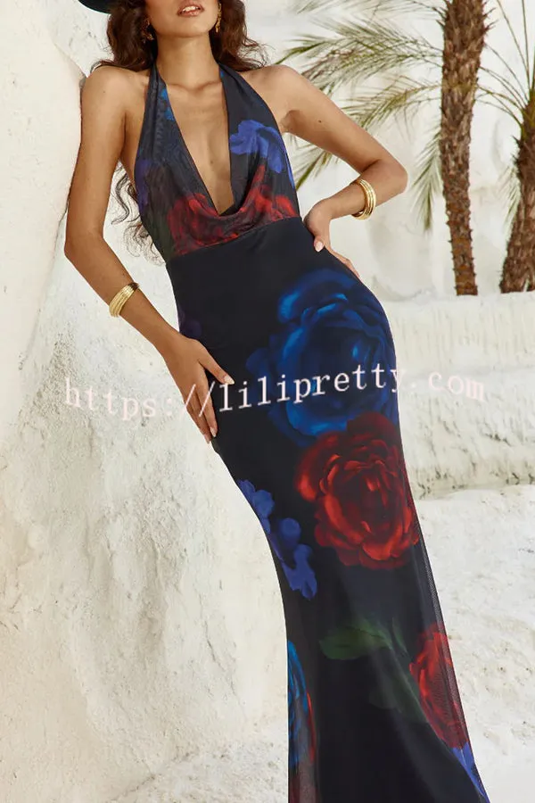 Ultimate Sultry Look Mesh Floral Print Cowl Neck Halter Maxi Dress