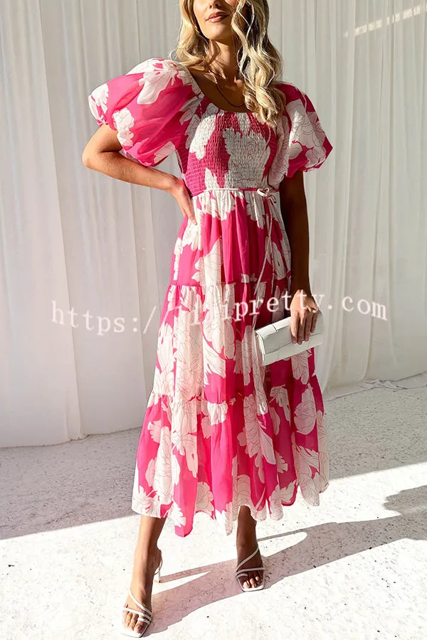 Unique Floral Print Patchwork Lace Up Pleated Maxi Dress