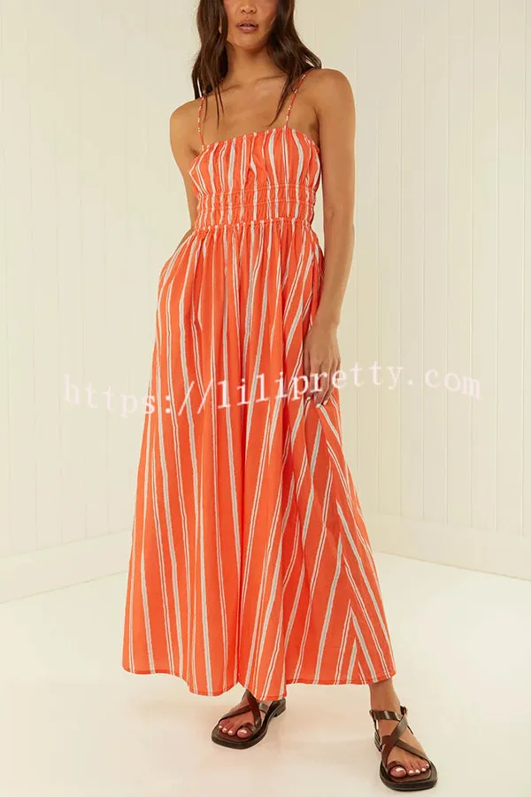 Unique Printed Suspender Backless Pleated Waist Maxi Dress