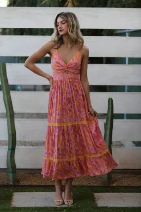 V-neck twist maxi dress with a lace tiered skirt and cut out detail