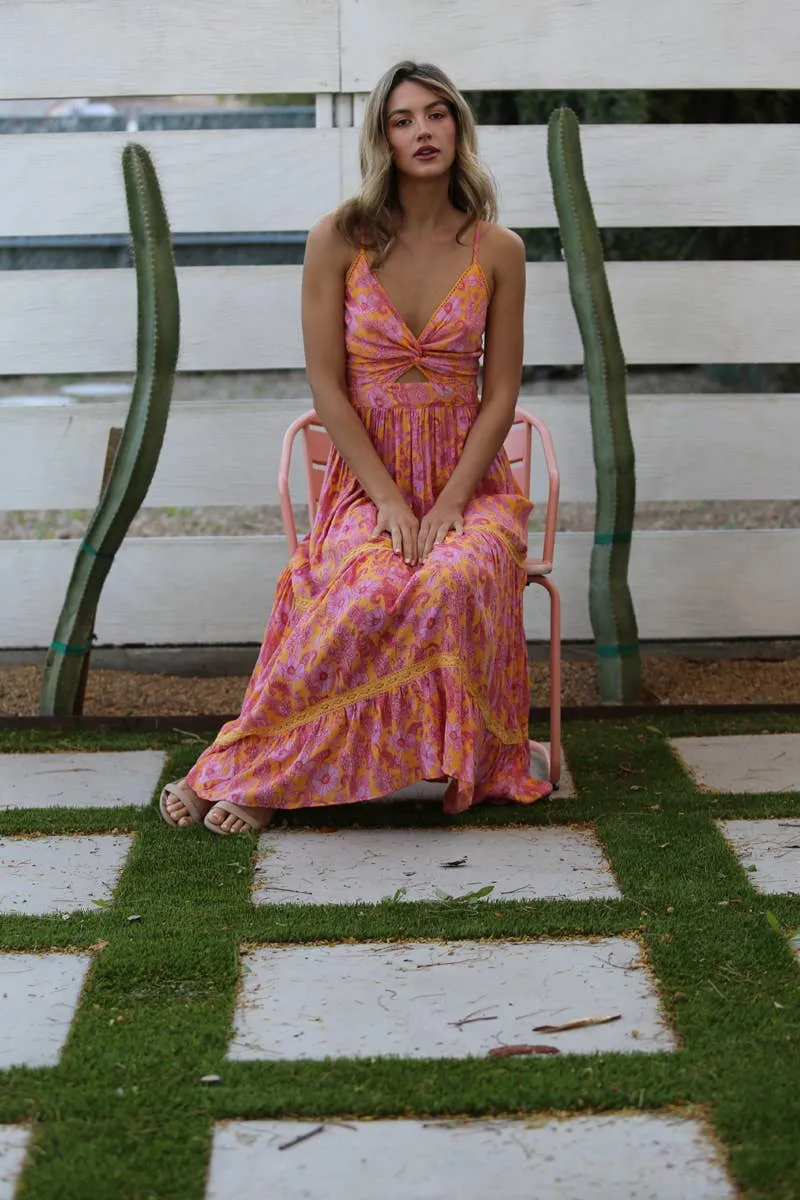 V-neck twist maxi dress with a lace tiered skirt and cut out detail