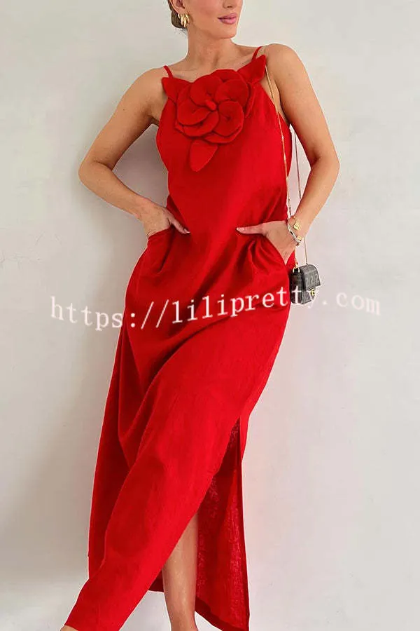 Vacay Ready Linen Blend Floral Embellishment Pocketed Slit Maxi Dress