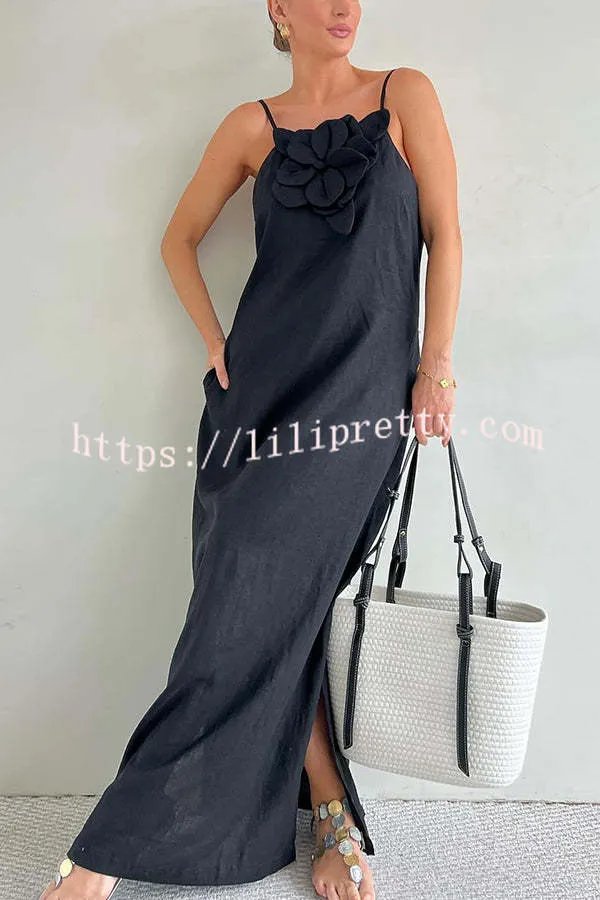 Vacay Ready Linen Blend Floral Embellishment Pocketed Slit Maxi Dress
