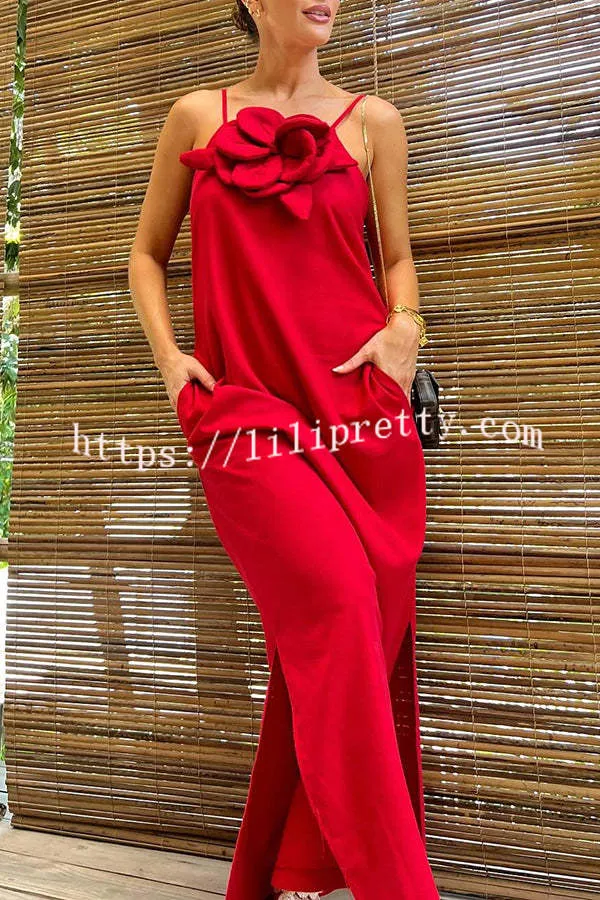 Vacay Ready Linen Blend Floral Embellishment Pocketed Slit Maxi Dress