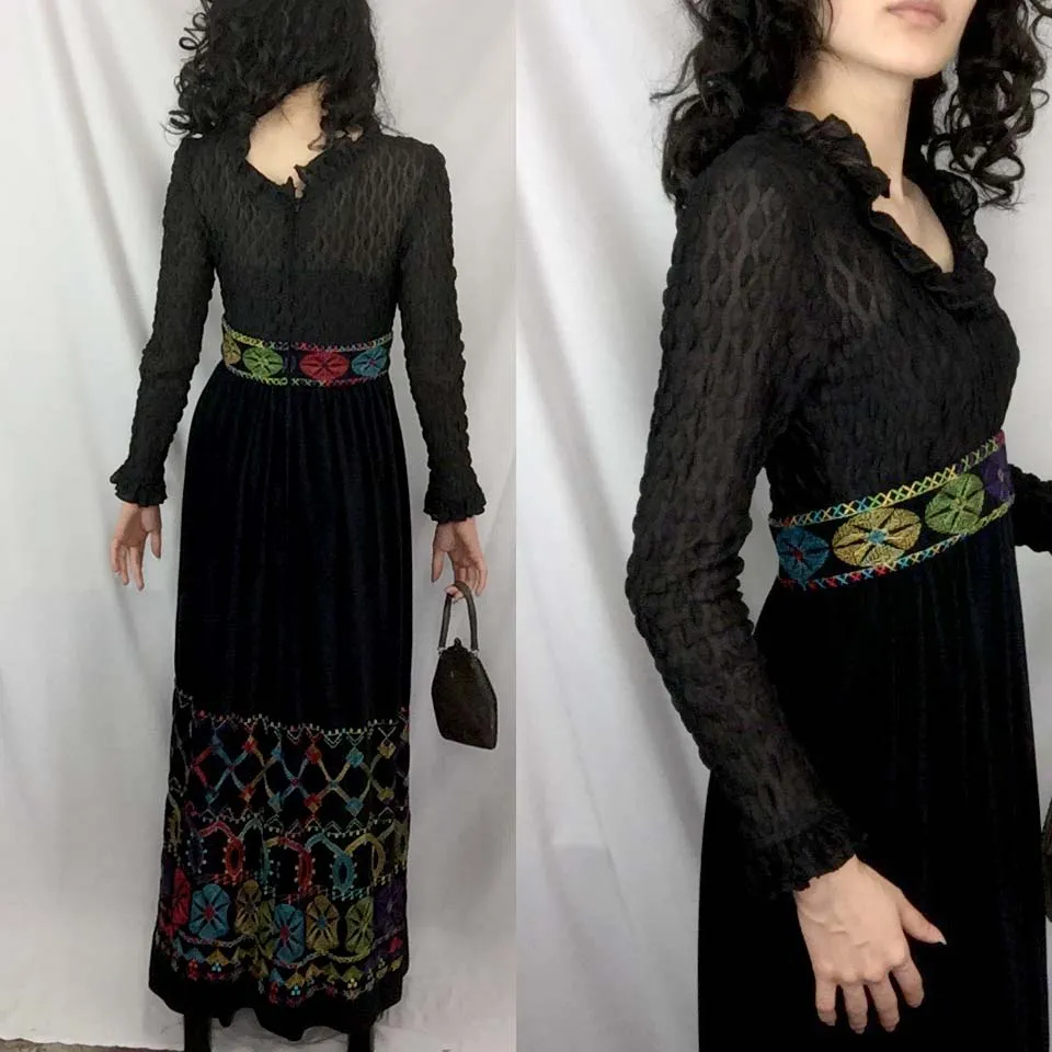 Vintage 1960s | Sandine Originals Lace & Velour Boho Hippie Mod Maxi Dress | XS