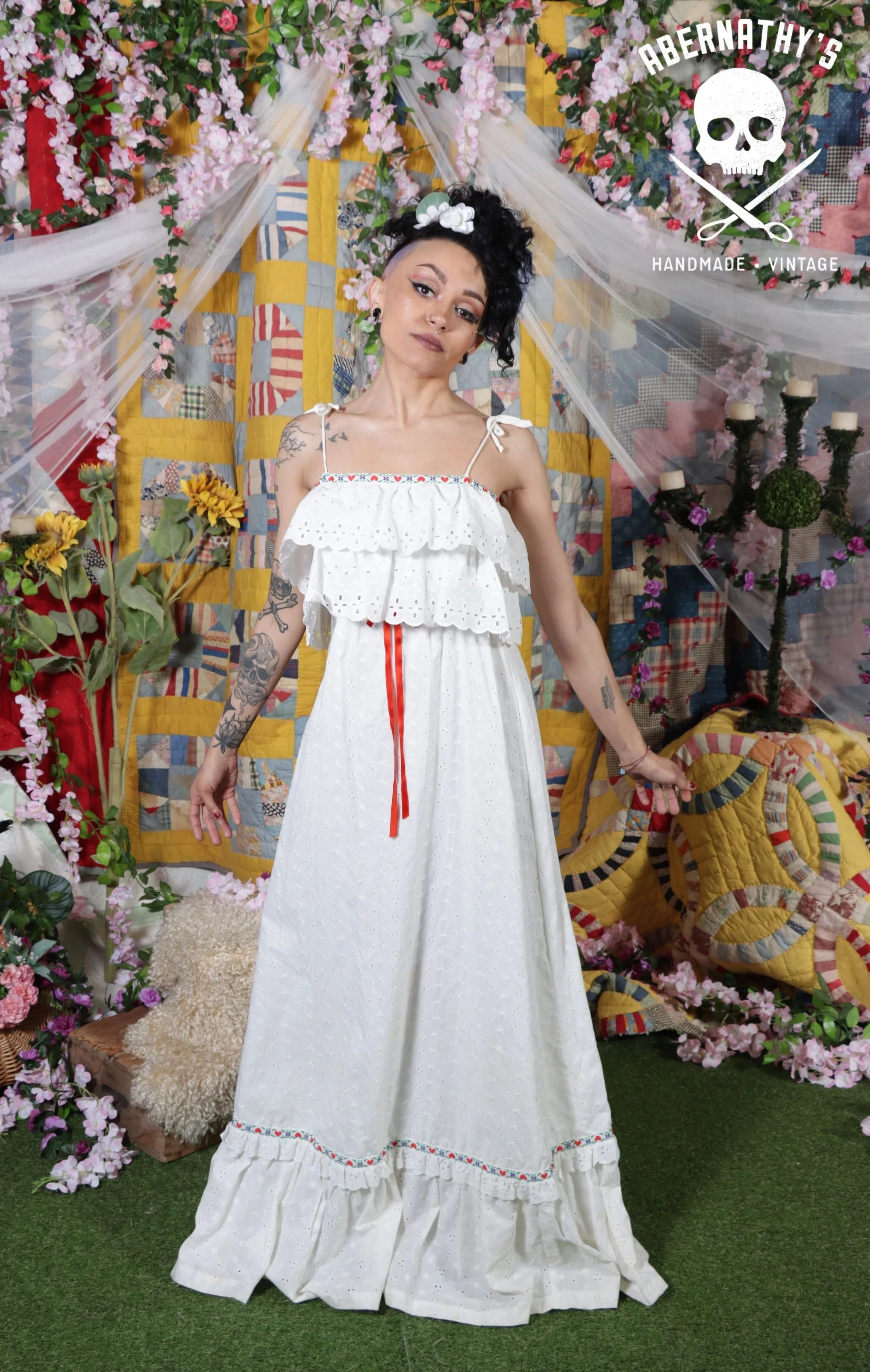Vintage 1970s Eyelet Lace White Cotton Prairie Dress