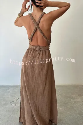 Whimsy and Wishes Linen Blend Back Cross Braids Slit Beach Maxi Dress