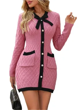 Winter Candy  Pink And  Black Bow Tie Knitted  Button Down Dress