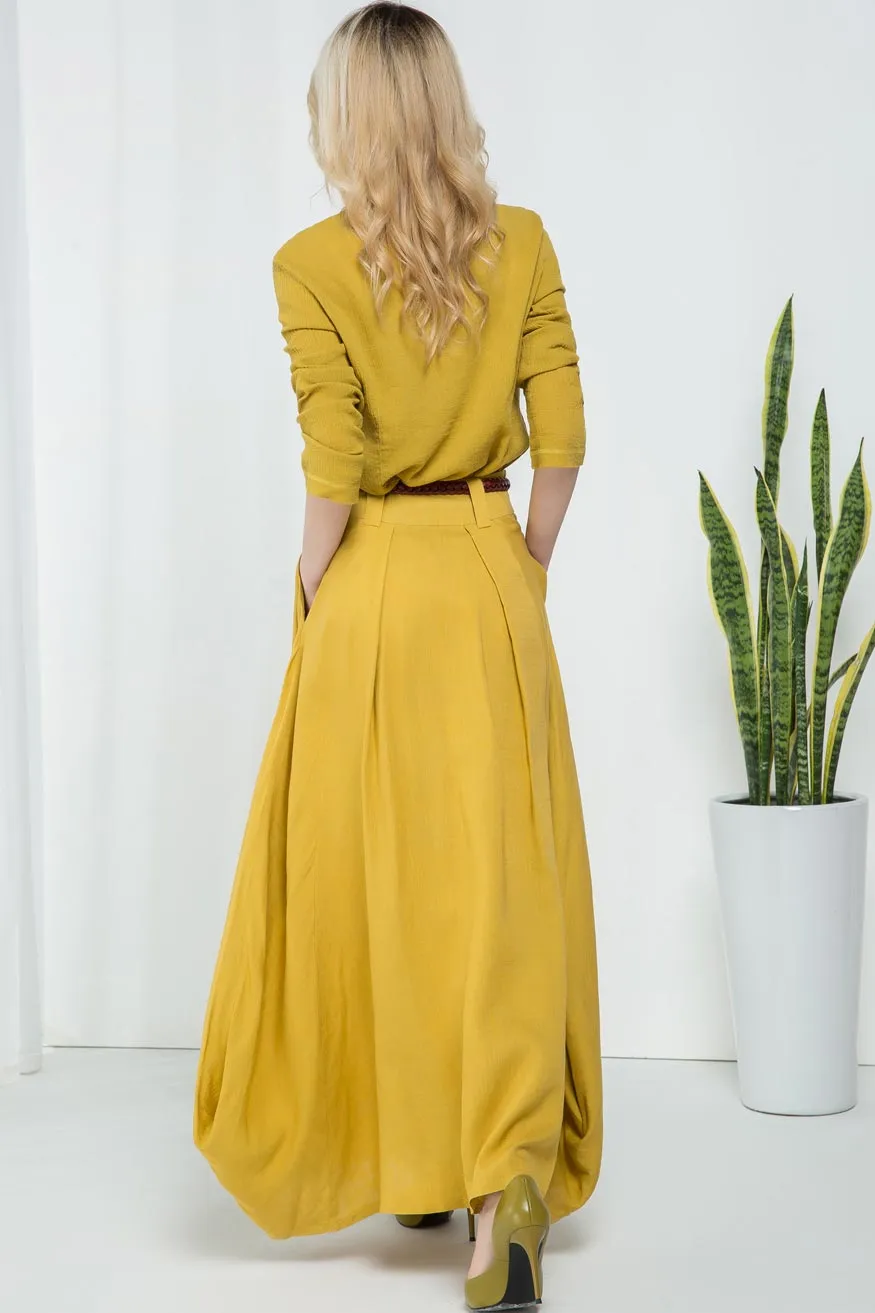Yellow casual long maxi skirt 2157#